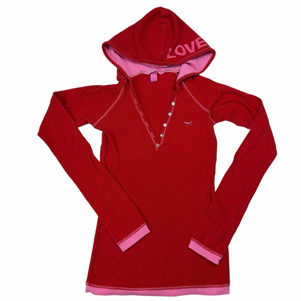 Victoria's Secret PINK Vintage Hoodie Red Pink V Neck Y2K Embroidered Logo